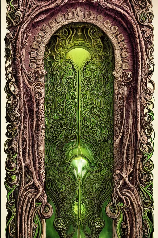 Prompt: art nouveau baroque architecture, demonic lovecraftian mouth gateway doorway portal to infernal hell, ornate stonework, made of bone and teeth, hyperdetailed cosmic gems, volumetric lighting, sigils, magenta and green color palette, wayne barlowe , moebius, yoshitako amano