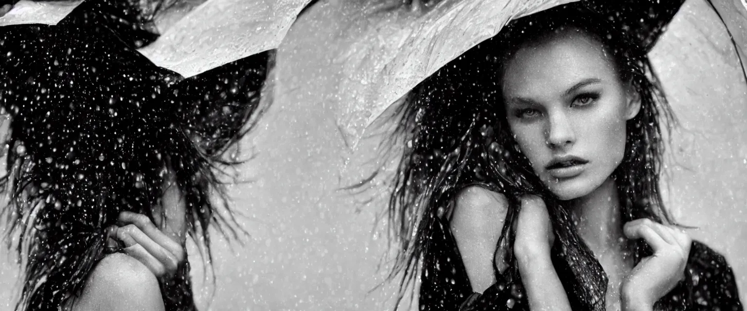 Image similar to fashion model close up in the rain at night by avedon