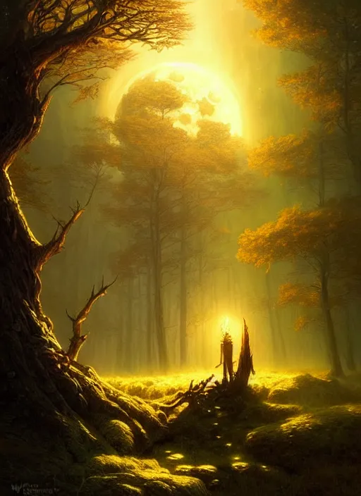 Prompt: fantasy book cover, full moon, fantasy forest landscape, golden elements, fantasy magic, dark light night, intricate, elegant, sharp focus, illustration, highly detailed, digital painting, concept art, matte, art by WLOP and Artgerm and Greg Rutkowski and Albert Bierstadt, masterpiece