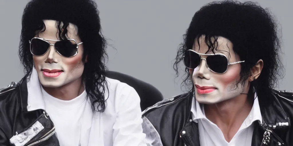 Image similar to michael jackson 2 0 0 9 exact face wearing shades, alone, this is it style, photo real, skin, motion blur, sitting in a chair, by himself, real life, spotted, leaked, ultra realistic face, accurate, 4 k, movie still, uhd, sharp, detailed, cinematic, render, modern