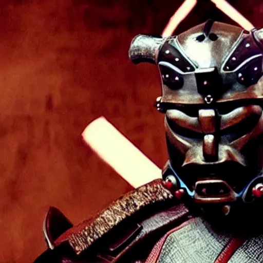 Image similar to movie still of a huge buff hypertrophic manly samurai wearing a scary cybernetic oni mask