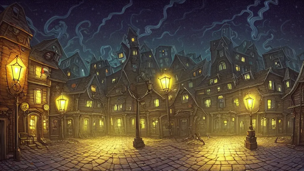 Image similar to empty lovecraftian town square surrounded by houses and inns. lovecraftian city at night by cyril rolando and naomi okubo and dan mumford and ricardo bofill. lovecraft. cobbled streets. oil lamp posts. lovecraftian statues. starry night sky. cthulhu.