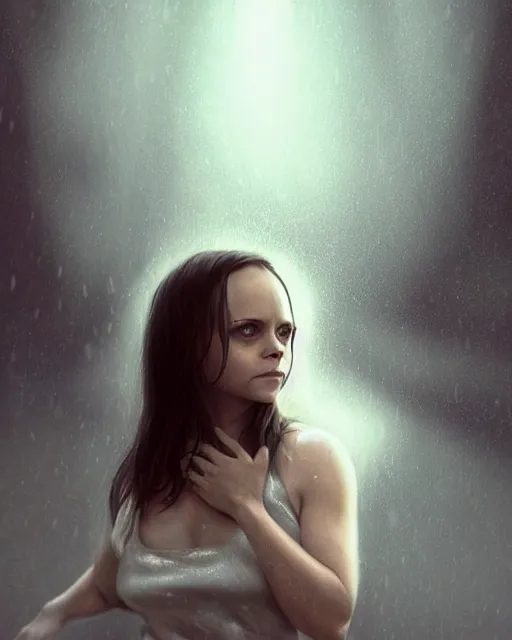 Image similar to Full body potrait of christina Ricci as an angel, hyper realistic, prismatic highlights, atmosphere, raining, gorgeous, depth of field, cinematic, macro, concept art, 50mm, artstation, wlop, elegant, epic, weta digital, focus, octane render, v-ray, 8k, kodak portra, art by Liberatore