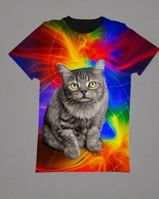 Image similar to highly detailed high resolution stacked plot of radio emissions from a pulsar, abstracted light refractions and stripy interference, making up a fluffy cat, silk screen t-shirt design 4K