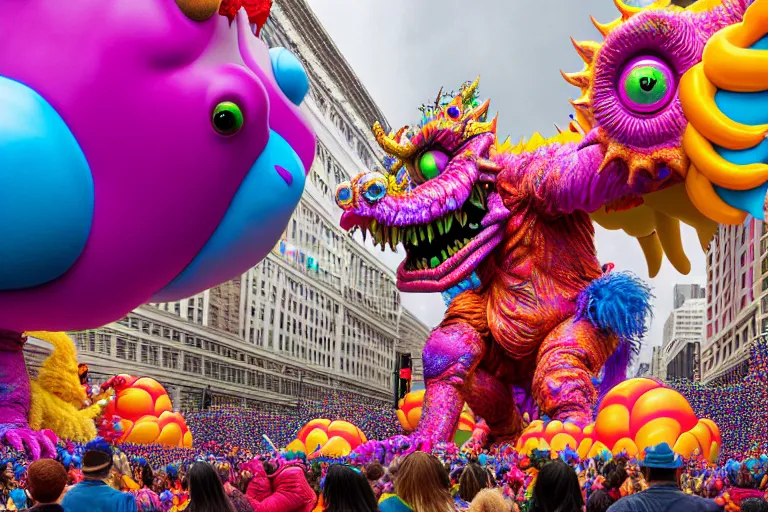 Image similar to photo of giant colorful beautiful elaborate parade float monster creature designed by lisa frank and geof darrow, in the macys parade, detailed 4 k photo, gigapixel, hyperdetailed