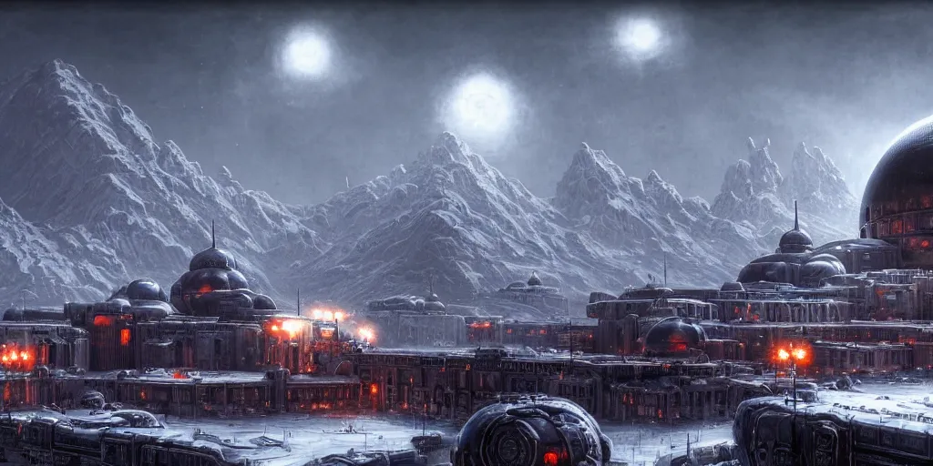 Prompt: a beautiful highly detailed matte painting of a huge imperial Russian futuristic brutalist military installation, close up intimate view, snow capped mountains in the background, black domes and radio spires with blinking lights, Space Hulk, WarHammer 40k by Jose Daniel Cabrera Pena and Leonid Kozienko, concept art-H 640