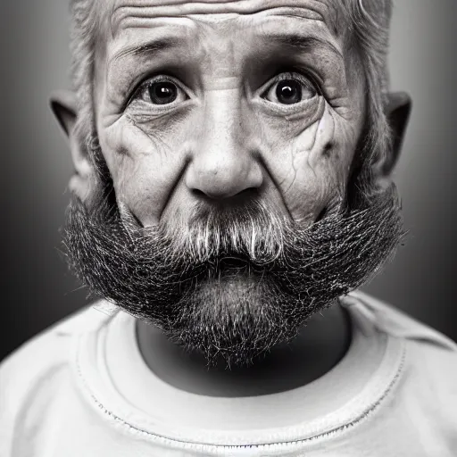 Prompt: a 4 year old boy with old wrinkly skin, wrinkly forehead, looking old, facial hair, natural beard, natural mustache, old skin, lots of wrinkles, age marks, old gray hair, very old, young kid, 4 years old, very young, portrait photo, head shot, concept art, highly detailed