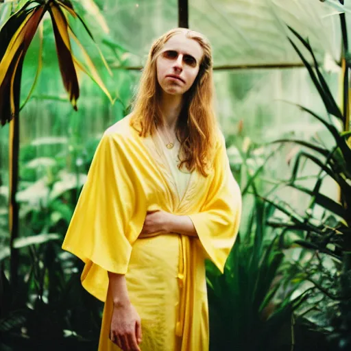 Image similar to Medium format photograph of an elegant woman that look like Brit Marling wearing a yellow kimono in a tropical greenhouse, bokeh