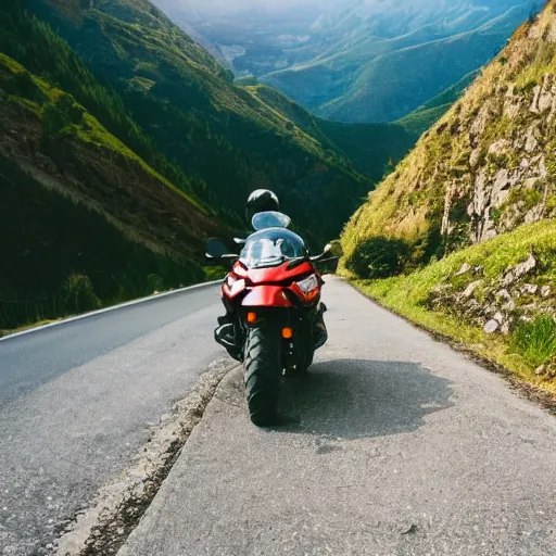 Prompt: a photo of a motorbike on a mountain road