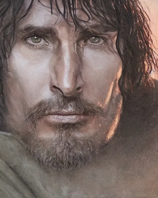 Image similar to Christian bale as Aragorn, by Alan Lee and John howe, at sunset, concept art, detailed clothing, featured on art station, matte painting