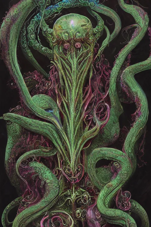 Prompt: psychedelic organic cthulhu mindflayer, gems jewels, diffuse lighting, very very intricate, very very elegant, highly detailed, lifelike, photorealistic, digital painting, artstation, illustration, concept art, smooth, HR GIGER , Hieronymous Bosch, Francis Bacon sharp focus, art by Greg Rutkowski and John Collier and Albert Aublet and Krenz Cushart and Artem Demura and Alphonse Mucha