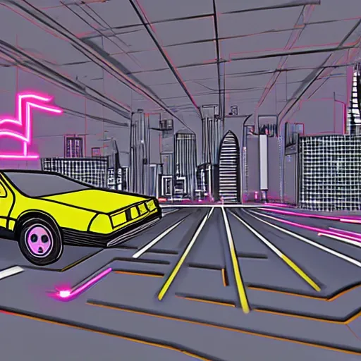 Image similar to point perspective, neon city sharp, delorean hovers in the foreground