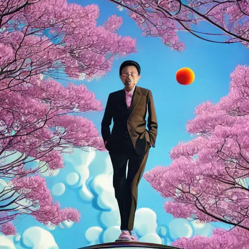 Image similar to a man walking on clouds away from the camera above kyoto by takashi murakami, beeple and james jean, aya takano color style, 4 k, super detailed, modern, 4 k, symmetrical