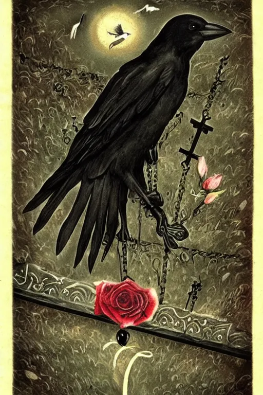 Image similar to crow's feather falling from the sky, roses climb up the crucifix, graveyard in the darkness - w 9 6 0