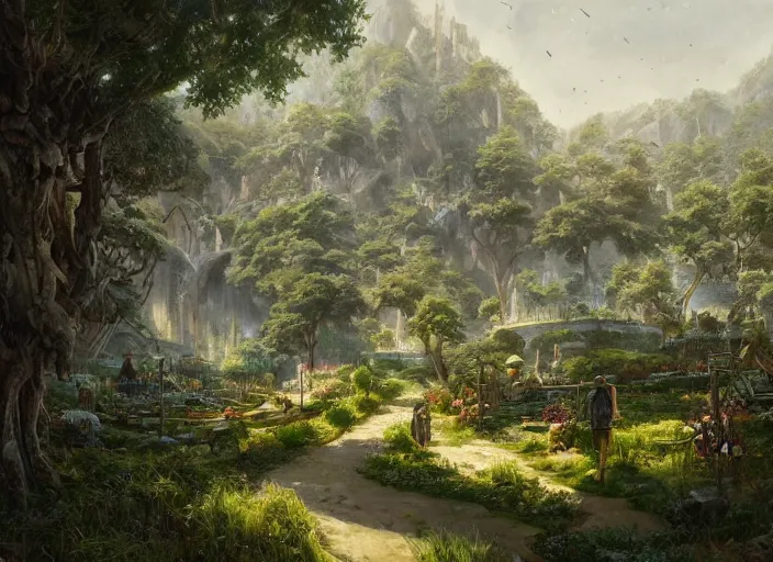 Prompt: Lush fruit farms outside a beautiful elven city made of white marble, anime, lush trees, a fantasy digital painting by Greg Rutkowski and James Gurney, trending on Artstation, highly detailed