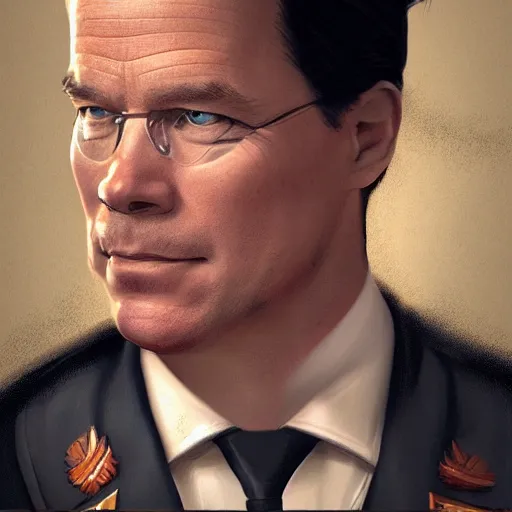 Image similar to mark rutte as a dictator, fantasy, high detail, elegant, digital painting, cinematic lighting, textured skin, highly detailed, artstation, unreal engine 5, breathtaking, illustration, ilya kuvshinov, nikolay makovsky