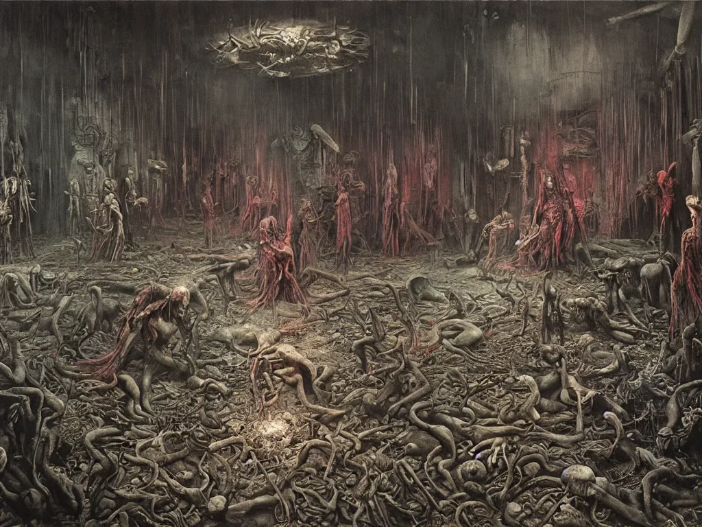 Image similar to an eerie painting of a cacophony of demons sacrificing humans in a grungy derelict georgian manor interior with colourful graffiti on the walls and garbage scattered on the floor, reclaimed by nature by zdzisław beksinski, wayne barlowe, hr giger, luis royo, agostino arrivabene