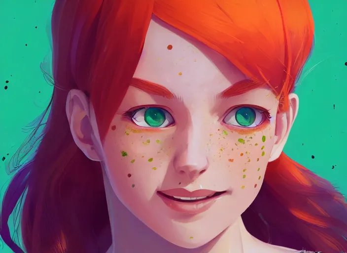 Prompt: portrait of a beautiful smiling girl with orange hair and freckles, green eyes, highly detailed, digital painting, concept art, smooth, sharp, focus, illustration. background is purple, anime key visual, lois van baarle, ilya kuvshinov, rossdraws, artstation