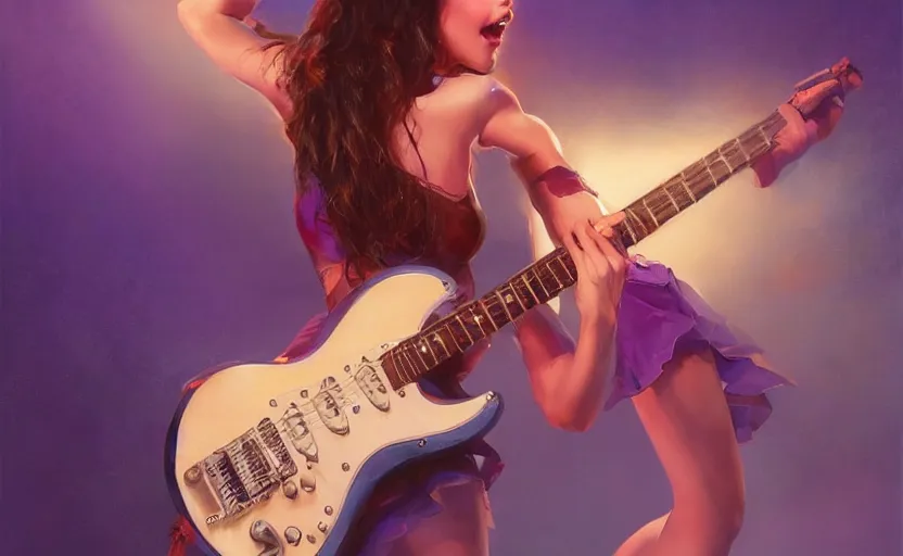 Image similar to rockstar girl playing electric guitar on stage. by edward robert hughes, by konstantin razumov, by william - adolphe bouguerea, by artgerm, pixar, artstation trending, concept art, digital art, digital painting, dramatic lighting, sharp focus, highly detailed, vxf movie, cinematic