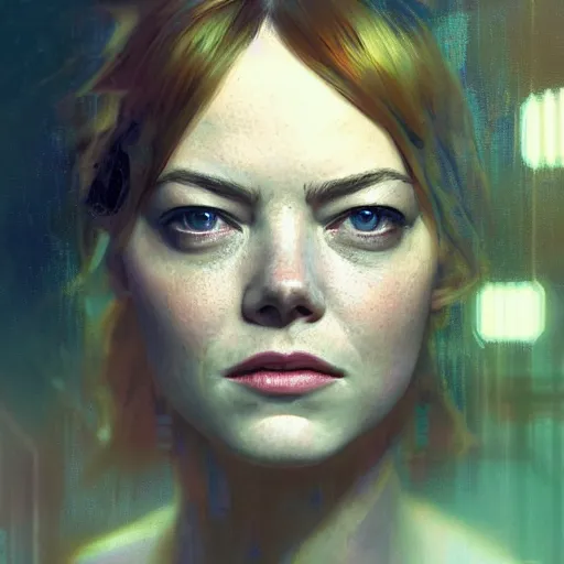 Image similar to emma stone, hyperrealistic portrait, bladerunner street the art of elysium by jeremy mann and alphonse mucha, fantasy art, photo realistic, dynamic lighting, artstation, poster, volumetric lighting, very detailed faces, 4 k, award winning