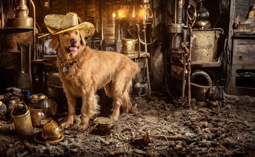 Image similar to a dirty golden retriever in a dark mine wearing a wild west hat and jacket with large piles of gold and gold nuggets nearby, dim moody lighting, wooden supports, lanterns, stylized photo