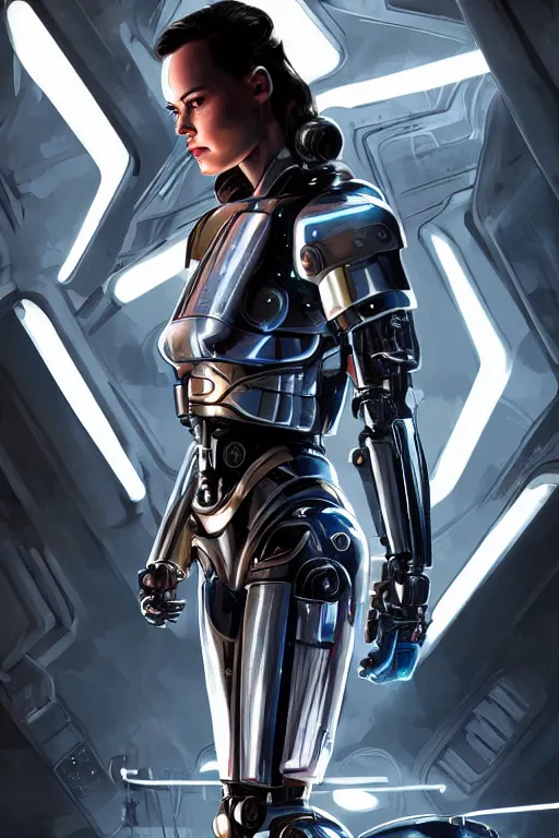 Prompt: Daisy Ridley as cyborg android warrior, art concept illustration, fantasy, fire reflections on chrome, hyper detailed, dramatic pose,