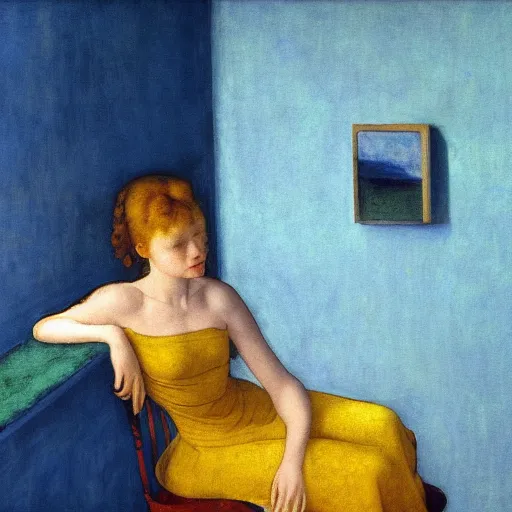 Prompt: close up of a girl in a blue and gold haunted liminal abandoned room, film still by edward hopper, by Pontormo, by klimt, art noveau, highly detailed, strong lights, liminal, eerie, Bright pastel colors