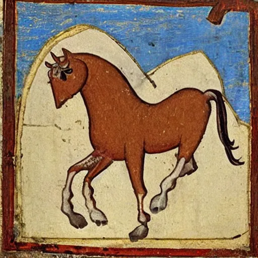 Image similar to medieval painting of a horse by someone who does not know what a horse looks like.