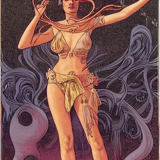 Image similar to half - length portrait of beautiful witch circe in the odyssey, art by moebius