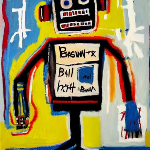 Image similar to basquiat oil painting of robot sneakers, balenciaga,