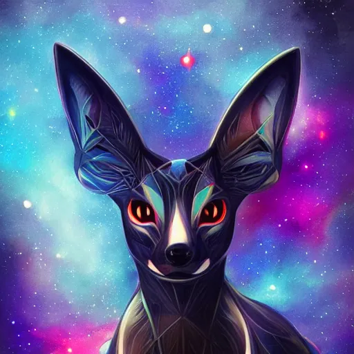 Image similar to geometric symmetrical umbreon with galaxy eyes in space, nebula in the background, intricate, elegant, highly detailed, digital painting, artstation, concept art, smooth, sharp focus, illustration, art by artgerm