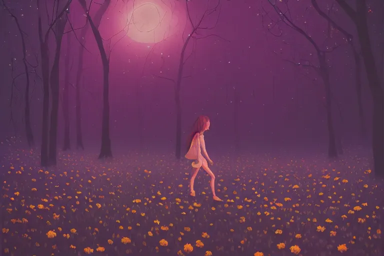 Image similar to giant bunch of daisy flowers head, girl walking in dark forest, surreal photography, dark night, stars, moon light, impressionist painting, clouds, digital painting, artstation, simon stalenhag