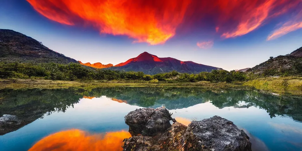 Prompt: A big and beautiful mountain with a clear pond in front of it and an orange sun behind the mountain, professional photography