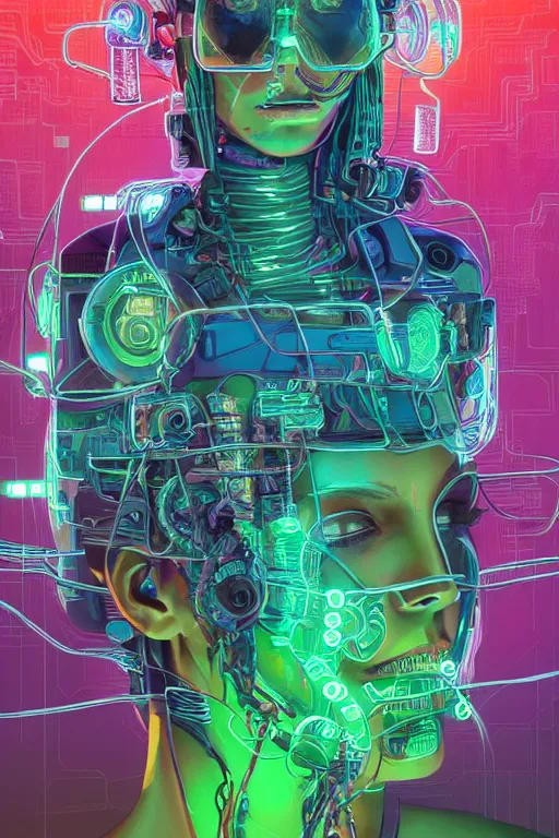 Image similar to stunning highly detailed portrait of a neuromancer Women with long hair with cyber headgear surrounded by wires, neon colors, oil on canvas, strong lighting, by Josan Gonzalez, HD, 4K