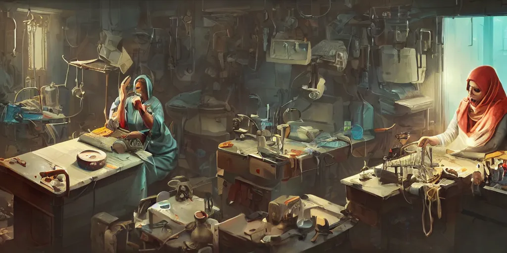 Image similar to an environmental concept art of a babushka cyberneticist in a cluttered mechanics workshop, surgical implements, surgery table, highly detailed, cinematic, dramatic, cyberpunk