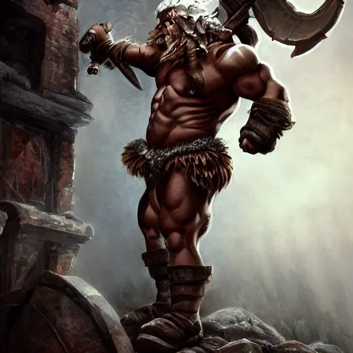 Image similar to a body builder barbarian from diablo, artstation hall of fame gallery, editors choice, #1 digital painting of all time, most beautiful image ever created, emotionally evocative, greatest art ever made, lifetime achievement magnum opus masterpiece, the most amazing breathtaking image with the deepest message ever painted, a thing of beauty beyond imagination or words, 4k, highly detailed, cinematic lighting