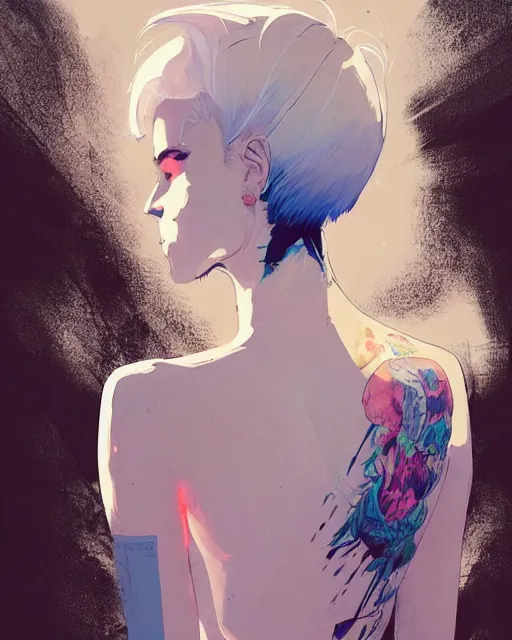 Image similar to a ultradetailed beautiful back painting of a stylish woman with white hair in a short pony tail, she is wearing jeans, by conrad roset, greg rutkowski and makoto shinkai trending on artstation