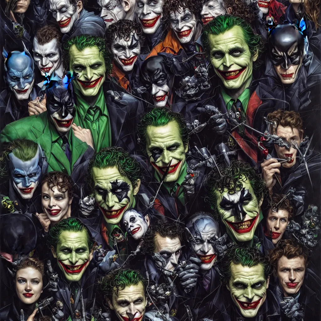 Image similar to a portrait of batman standing with the joker, robin, the riddler, the scarecrow, twoface, and the batmobile by karol bak, james jean, tom bagshaw, rococo, sharp focus, trending on artstation, cinematic lighting, hyper realism, octane render, 8 k, hyper detailed, vivid, ultra detailed, highly detailed