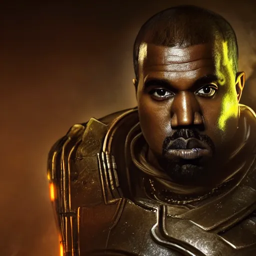 Image similar to Kanye West as the emperor of humanity from warhammer 40k in Gears of War, splash art, movie still, cinematic lighting, detailed face, face, dramatic, octane render, long lens, shallow depth of field, bokeh, anamorphic lens flare, 8k, hyper detailed, 35mm film grain