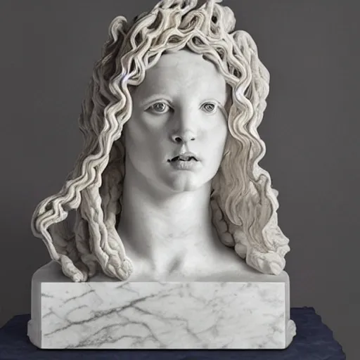 Image similar to medusa sculpture hyperrealistic style made by michelangelo, made with carrara marble