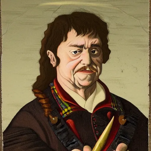 Prompt: a realistic 1 7 th century portrait of harry potter, a man with scottish features and exceptionally large bagpipes wearing quilts and wielding a wand. very pale, with a large pointy nose. hagrid in the background and hedwig on his shoulder