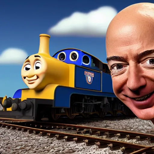 Prompt: jeff bezos as a train in thomas the tank engine