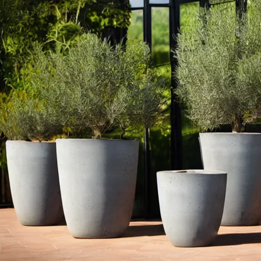 Prompt: large concrete pots with seatings, olive trees, wpc decking on the floor