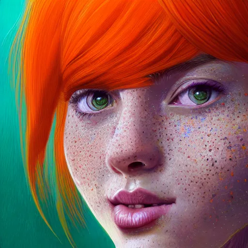 Prompt: close up portrait of a beautiful smiling girl with orange hair and freckles, green eyes, happy intricate, elegant. highly detailed, digital painting, artstation, concept art, smooth, sharp, focus, illustration. background is purple, art by artgerm and Ross Tran