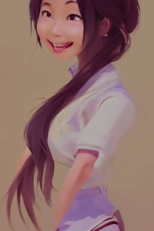 Prompt: a painting of cute Asian girl smiling, flowing hair, in the style of Pixar animation, low angle view, 16mm lens, award winning, hyper detailed, dramatic lighting, artstation, octane renderer, unreal engine