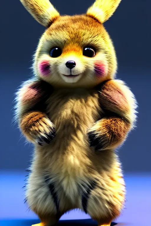 Image similar to high quality 3 d render hyperrealist very cute multicolor fluffy! cyborg!!! quokka hybrid, highly detailed, vray smooth, in the style of detective pikachu, hannah yata charlie immer, dramatic blue light, low angle, uhd 8 k, sharp focus