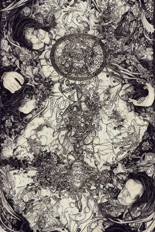 Prompt: rolling dice and belladonna plant tarot card, pen and ink, intricate line drawings, by Yoshitaka Amano, Ruan Jia, Kentaro Miura, Artgerm, watercolor
