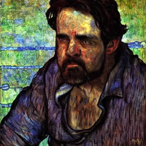 Prompt: Painting. A man with a large head and a small body is floating in the air, his arms and legs flailing. His clothes are tattered and he has a wild look in his eyes. by Louis Comfort Tiffany sad