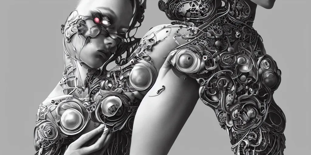 Image similar to hyperrealistic photography of a highly detailed and symmetrical gorgeous cyborg female, elbow, armpit, knee, hands holding in the style of beth cavener, jin kagetsu, james jean and wlop, highly detailed, face symmetry, masterpiece, award - winning, sharp focus, intricate concept art, ambient lighting, 8 k, artstation