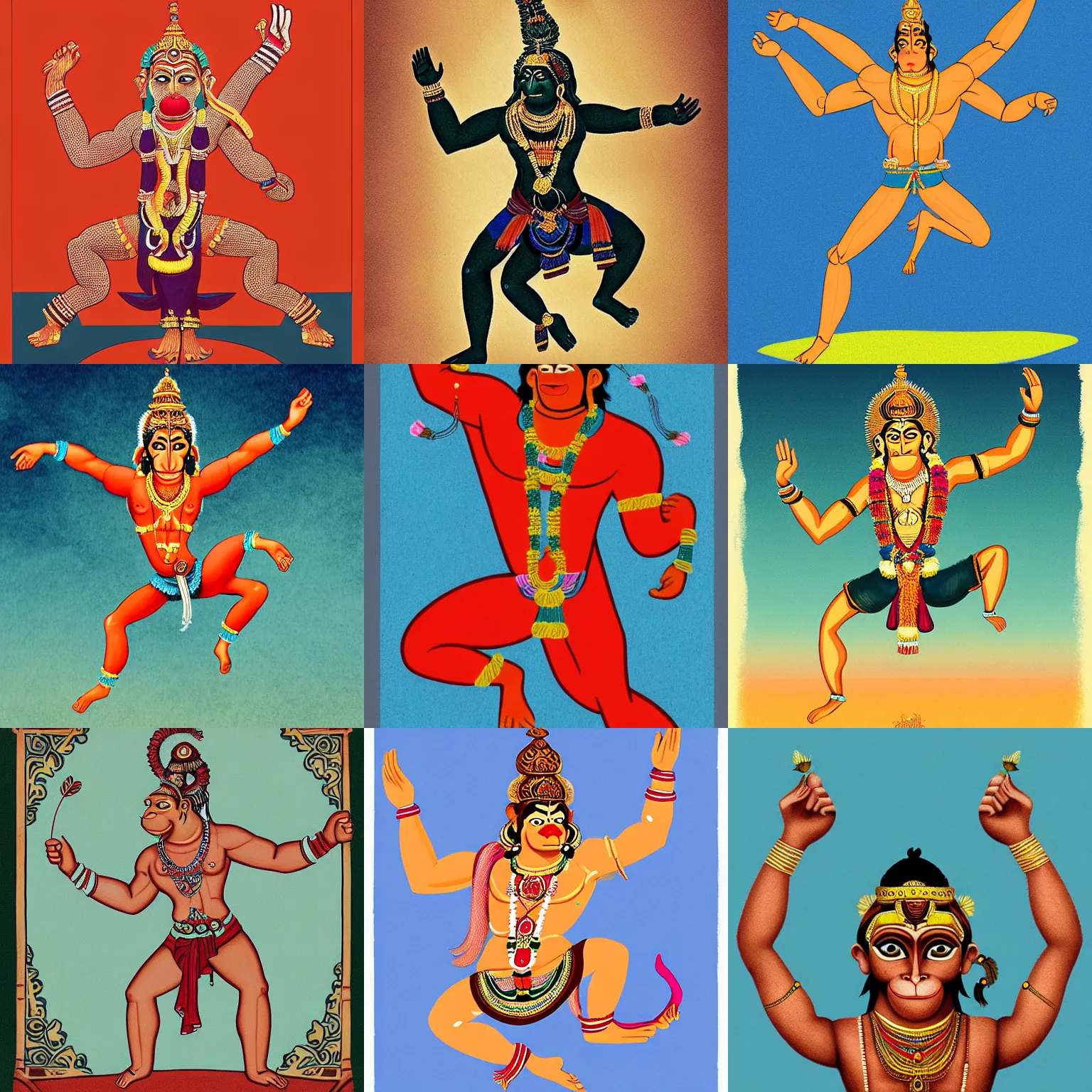 Prompt: a beautiful illustration of a hanuman, leaping with arms up, in the style of malika favre.